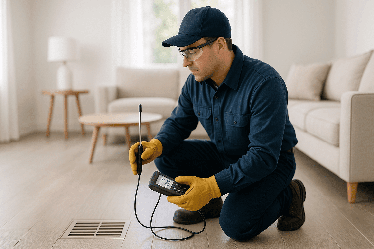 Technician testing indoor air quality with specialized equipment in a home